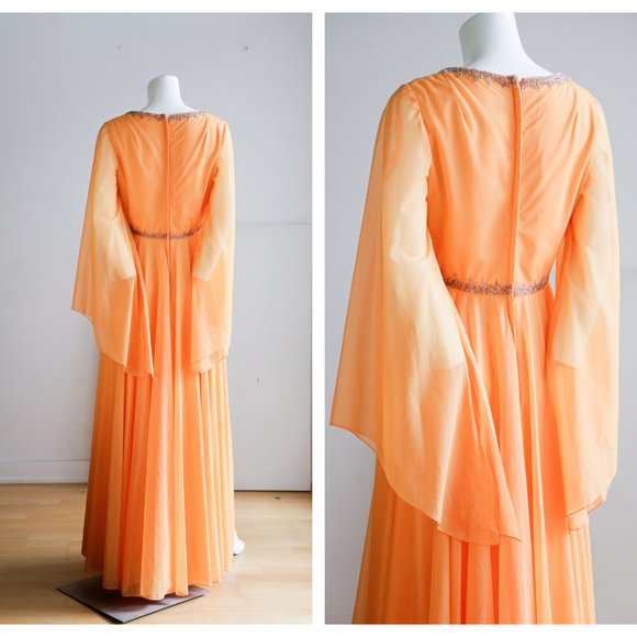 Vintage Empire Waist Beaded Wizard Sleeve Gown - Picture 2 of 10